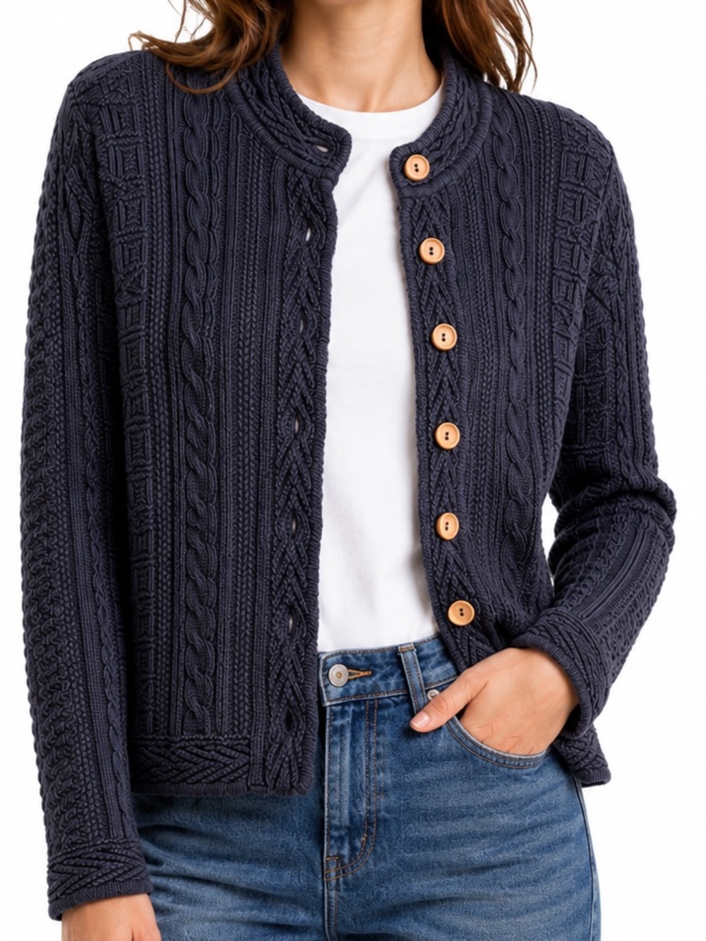 LL Bean Cable Knit Cardigan Sweater Wood Button Classic Fisherman Cottagecore XL